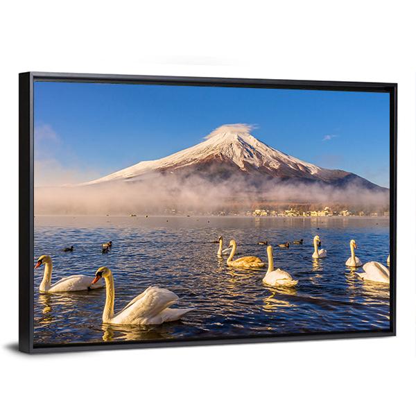 Swans Infront Of Mt Fuji Canvas Wall Art-3 Horizontal-Gallery Wrap-25" x 16"-Tiaracle
