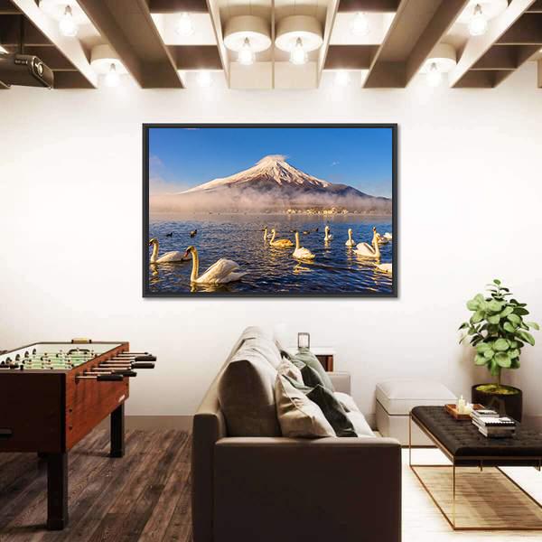 Swans Infront Of Mt Fuji Canvas Wall Art-3 Horizontal-Gallery Wrap-25" x 16"-Tiaracle