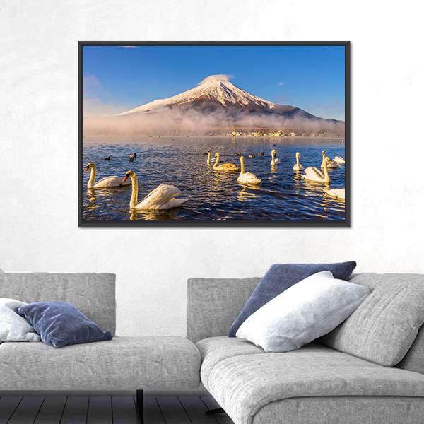 Swans Infront Of Mt Fuji Canvas Wall Art-3 Horizontal-Gallery Wrap-25" x 16"-Tiaracle