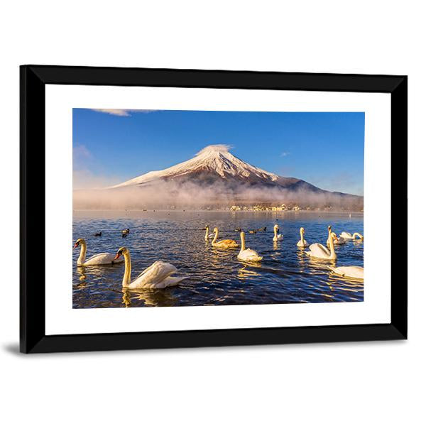 Swans Infront Of Mt Fuji Canvas Wall Art-3 Horizontal-Gallery Wrap-25" x 16"-Tiaracle