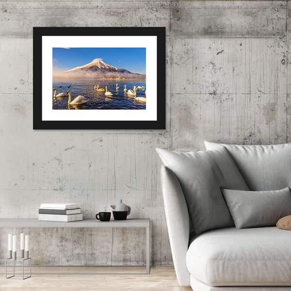 Swans Infront Of Mt Fuji Canvas Wall Art-3 Horizontal-Gallery Wrap-25" x 16"-Tiaracle