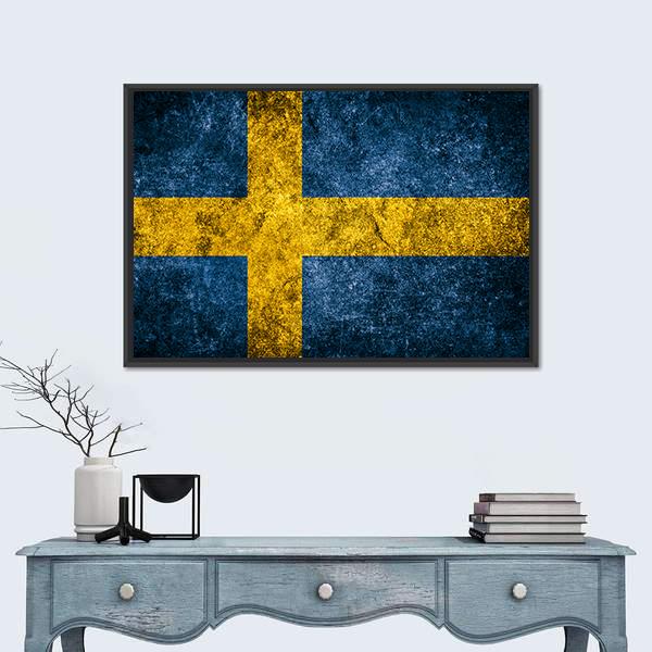 Sweden Flag On The Grunge Concrete Wall Canvas Wall Art-1 Piece-Floating Frame-24" x 16"-Tiaracle