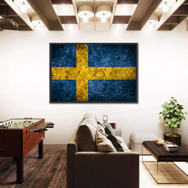 Sweden Flag On The Grunge Concrete Wall Canvas Wall Art-3 Horizontal-Gallery Wrap-25" x 16"-Tiaracle