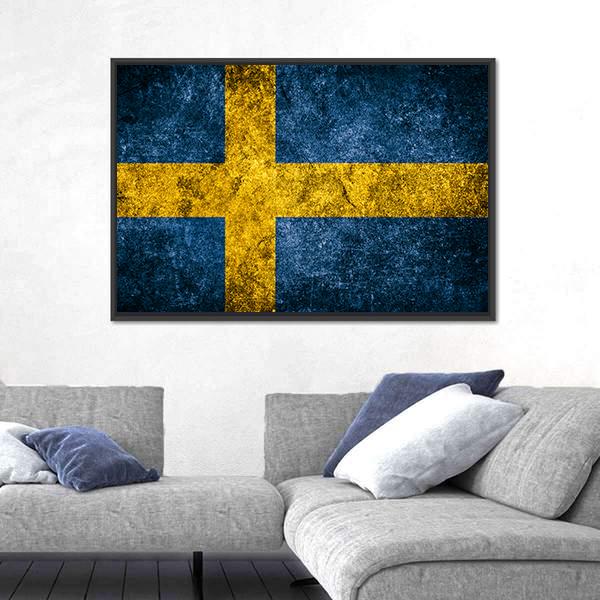 Sweden Flag On The Grunge Concrete Wall Canvas Wall Art-3 Horizontal-Gallery Wrap-25" x 16"-Tiaracle