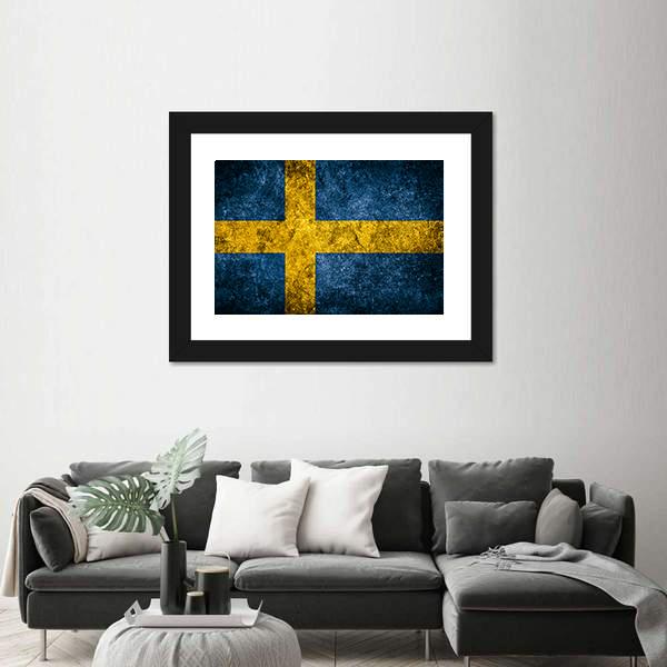 Sweden Flag On The Grunge Concrete Wall Canvas Wall Art-3 Horizontal-Gallery Wrap-25" x 16"-Tiaracle