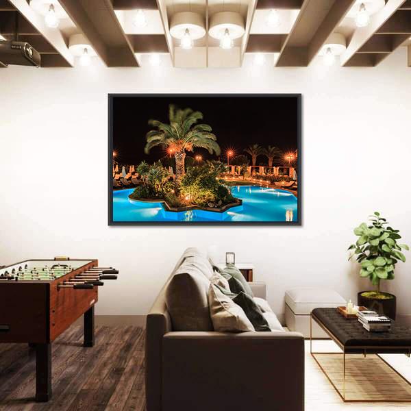 Swimming Pool In Night View Canvas Wall Art-1 Piece-Floating Frame-36" x 24"-Tiaracle