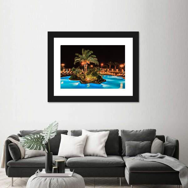 Swimming Pool In Night View Canvas Wall Art-1 Piece-Framed Print-30" x 20"-Tiaracle