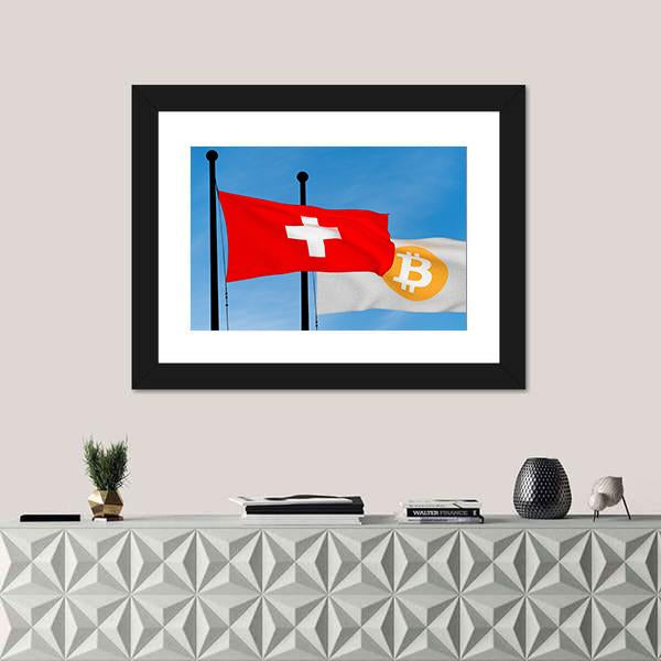 Swiss Flag And Bitcoin Flag Canvas Wall Art-1 Piece-Framed Print-42" x 14"-Tiaracle