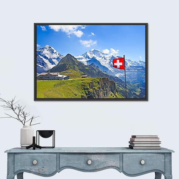 Swiss Flag On The Top Of Mannlichen Canvas Wall Art-1 Piece-Floating Frame-36" x 24"-Tiaracle
