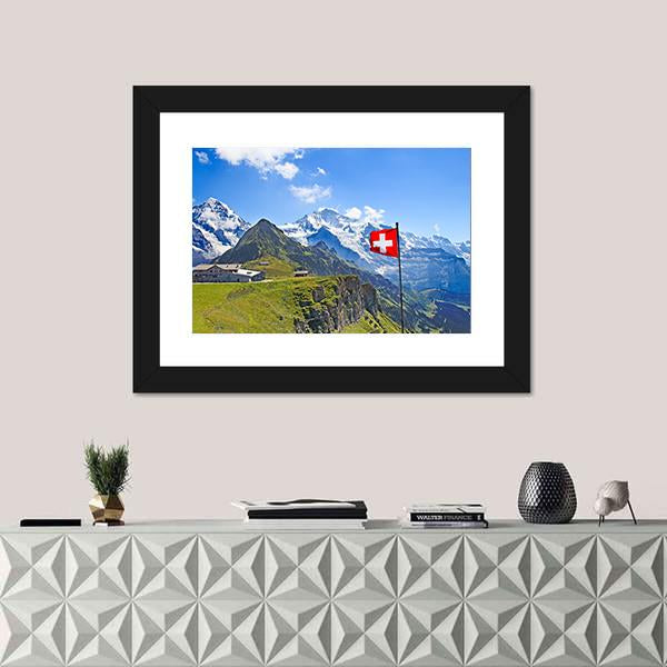 Swiss Flag On The Top Of Mannlichen Canvas Wall Art-1 Piece-Framed Print-30" x 20"-Tiaracle