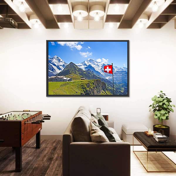 Swiss Flag On The Top Of Mannlichen Canvas Wall Art-5 Horizontal-Gallery Wrap-22" x 12"-Tiaracle