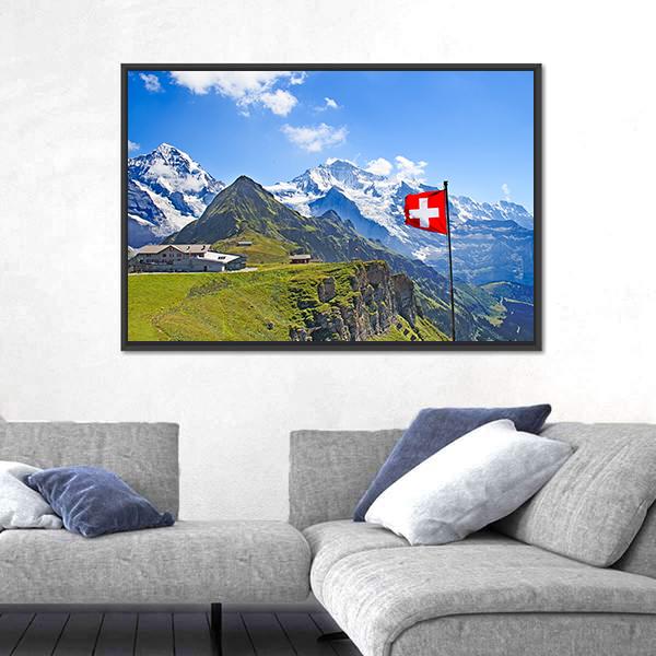 Swiss Flag On The Top Of Mannlichen Canvas Wall Art-5 Horizontal-Gallery Wrap-22" x 12"-Tiaracle