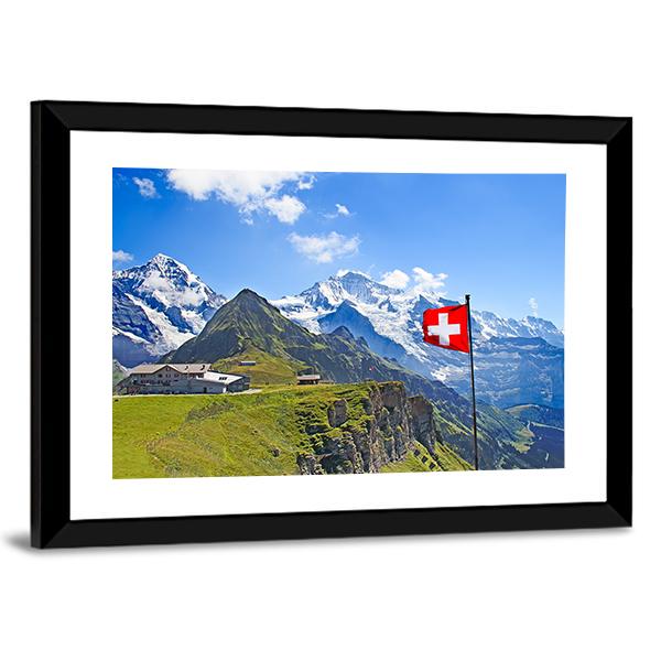 Swiss Flag On The Top Of Mannlichen Canvas Wall Art-5 Horizontal-Gallery Wrap-22" x 12"-Tiaracle