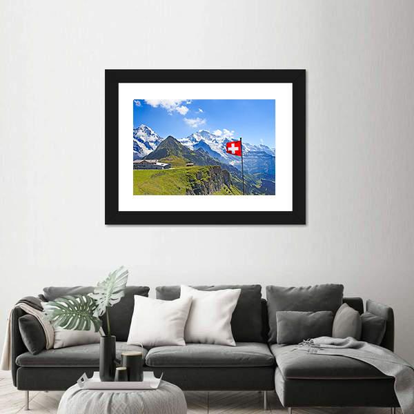 Swiss Flag On The Top Of Mannlichen Canvas Wall Art-5 Horizontal-Gallery Wrap-22" x 12"-Tiaracle