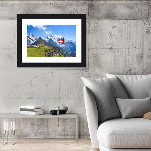 Swiss Flag On The Top Of Mannlichen Canvas Wall Art-5 Horizontal-Gallery Wrap-22" x 12"-Tiaracle