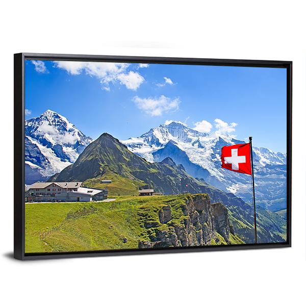 Swiss Flag On The Top Of Mannlichen Canvas Wall Art-5 Horizontal-Gallery Wrap-22" x 12"-Tiaracle