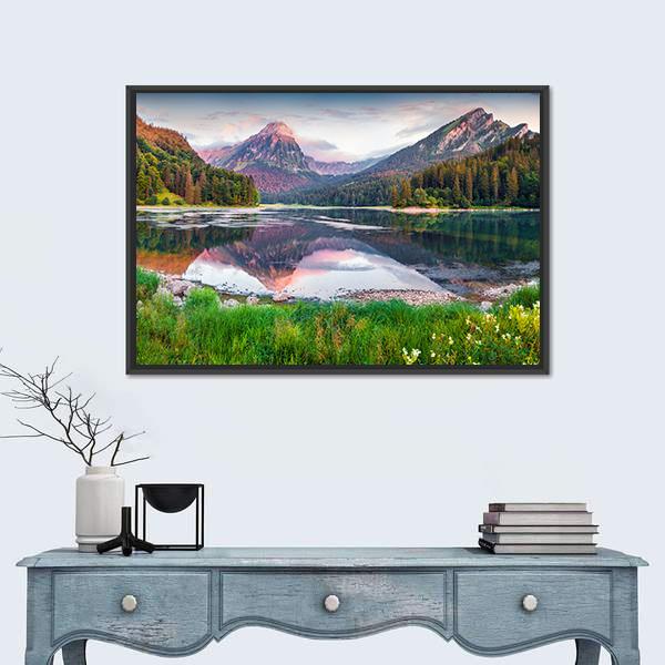 Swiss Lake Obersee In Switzerland Canvas Wall Art-1 Piece-Floating Frame-24" x 16"-Tiaracle