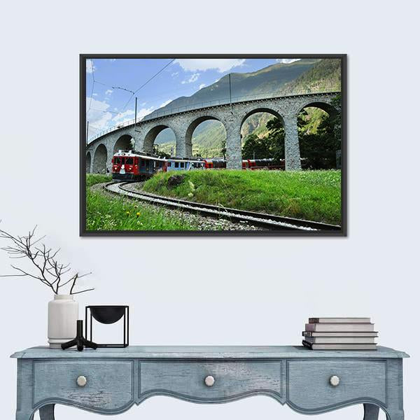 Swiss Red Train Bernina Express Canvas Wall Art-1 Piece-Floating Frame-36" x 24"-Tiaracle