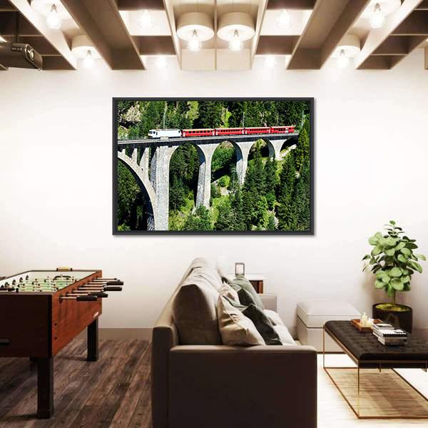 Swiss Train On Very High Bridge Near Wiesen Switzerland Canvas Wall Art-1 Piece-Floating Frame-24" x 16"-Tiaracle