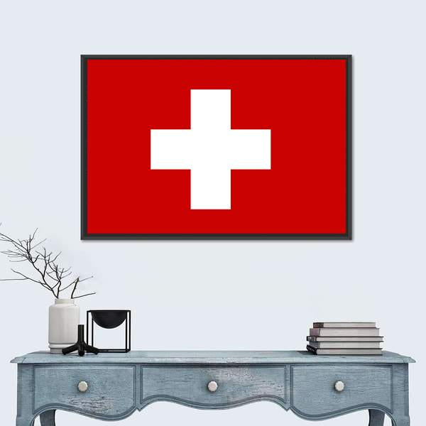 Swiss Flag with White Cross Canvas Wall Art in white and red, framed canvas, product view on a white background