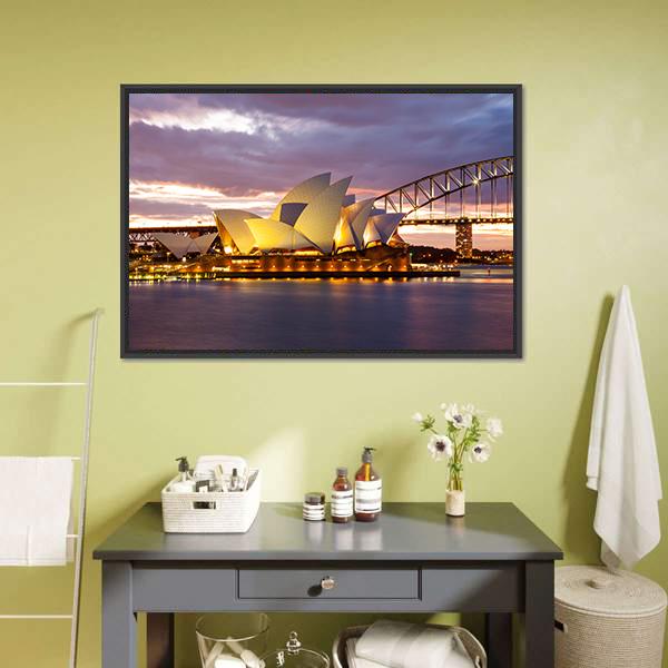 Sydney Opera House At Dusk Canvas Wall Art-1 Piece-Floating Frame-24" x 16"-Tiaracle