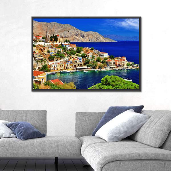 Symi island In Greece Canvas Wall Art-1 Piece-Floating Frame-24" x 16"-Tiaracle