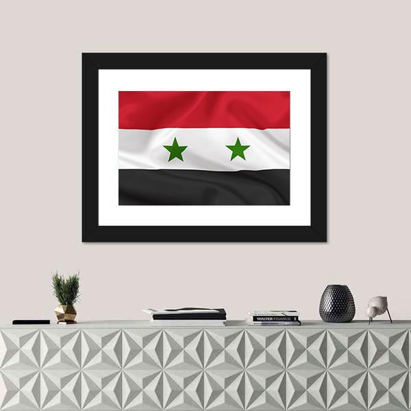 Syria Flag On Waving Silk Canvas Wall Art-1 Piece-Framed Print-20" x 16"-Tiaracle