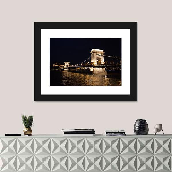 Szechenyi Chain Bridge In Budapest Canvas Wall Art-1 Piece-Framed Print-42" x 14"-Tiaracle