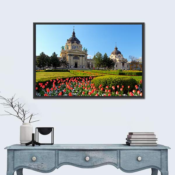 Szechenyi Spa With Flowers In Budapest Canvas Wall Art-1 Piece-Floating Frame-36" x 24"-Tiaracle