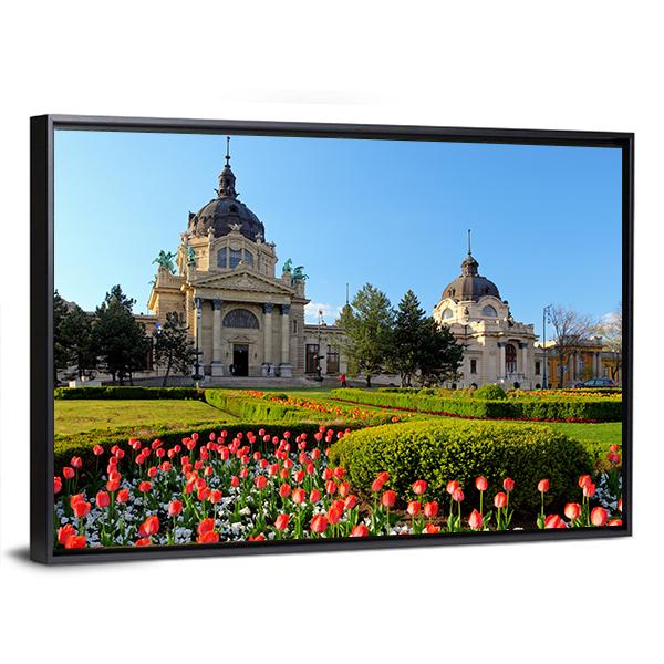 Szechenyi Spa With Flowers In Budapest Canvas Wall Art-3 Horizontal-Gallery Wrap-25" x 16"-Tiaracle