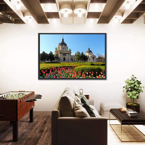 Szechenyi Spa With Flowers In Budapest Canvas Wall Art-3 Horizontal-Gallery Wrap-25" x 16"-Tiaracle