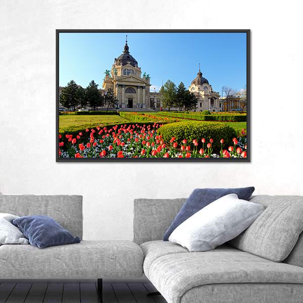 Szechenyi Spa With Flowers In Budapest Canvas Wall Art-3 Horizontal-Gallery Wrap-25" x 16"-Tiaracle