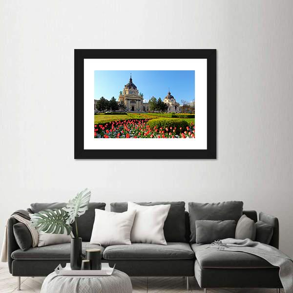 Szechenyi Spa With Flowers In Budapest Canvas Wall Art-5 Horizontal-Gallery Wrap-22" x 12"-Tiaracle