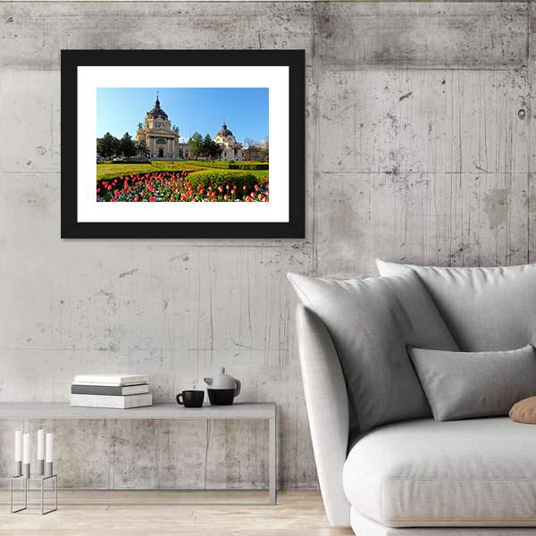 Szechenyi Spa With Flowers In Budapest Canvas Wall Art-5 Horizontal-Gallery Wrap-22" x 12"-Tiaracle