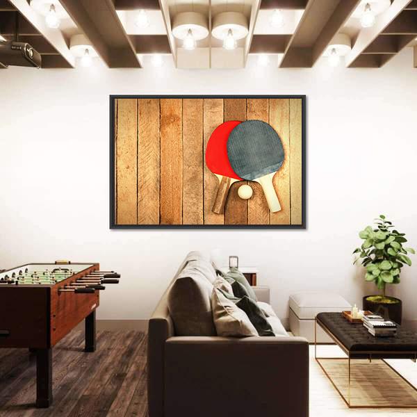Table Tennis Paddles And Ball On Wooden Texture Canvas Wall Art-5 Horizontal-Gallery Wrap-22" x 12"-Tiaracle