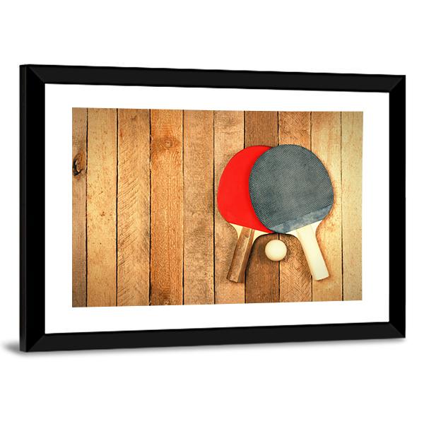 Table Tennis Paddles And Ball On Wooden Texture Canvas Wall Art-5 Horizontal-Gallery Wrap-22" x 12"-Tiaracle
