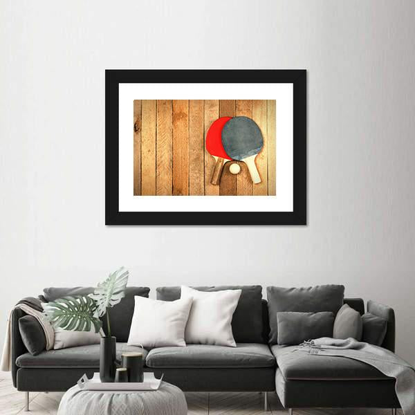 Table Tennis Paddles And Ball On Wooden Texture Canvas Wall Art-5 Horizontal-Gallery Wrap-22" x 12"-Tiaracle