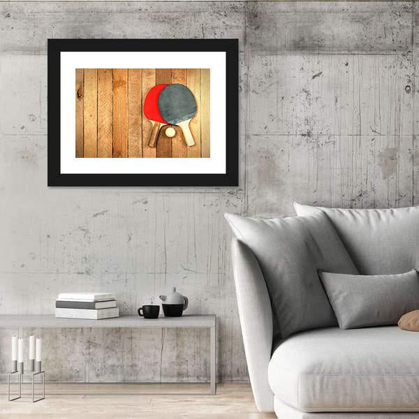 Table Tennis Paddles And Ball On Wooden Texture Canvas Wall Art-5 Horizontal-Gallery Wrap-22" x 12"-Tiaracle