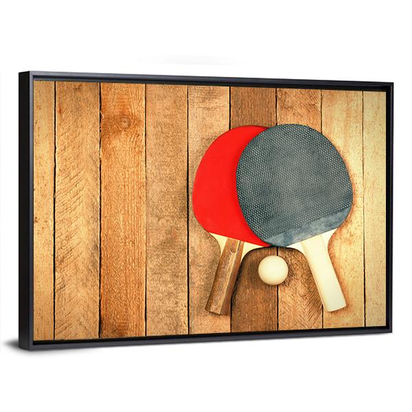 Table Tennis Paddles And Ball On Wooden Texture Canvas Wall Art-5 Horizontal-Gallery Wrap-22&quot; x 12&quot;-Tiaracle