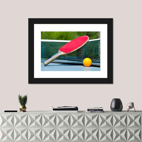 Table Tennis Racket And Ball On Net Canvas Wall Art-1 Piece-Framed Print-20&quot; x 16&quot;-Tiaracle