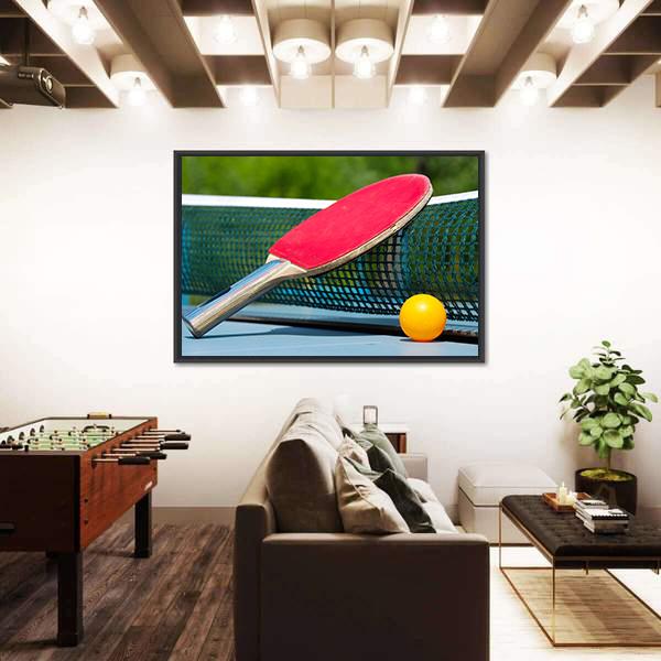 Table Tennis Racket And Ball On Net Canvas Wall Art-5 Horizontal-Gallery Wrap-22" x 12"-Tiaracle