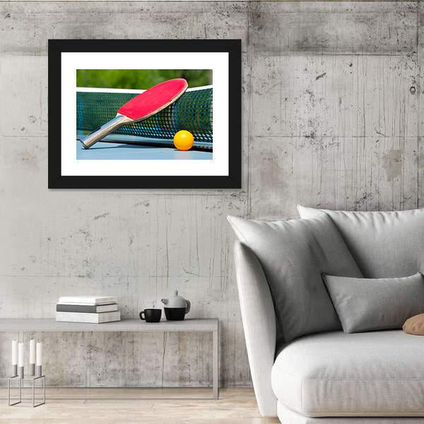 Table Tennis Racket And Ball On Net Canvas Wall Art-5 Horizontal-Gallery Wrap-22" x 12"-Tiaracle