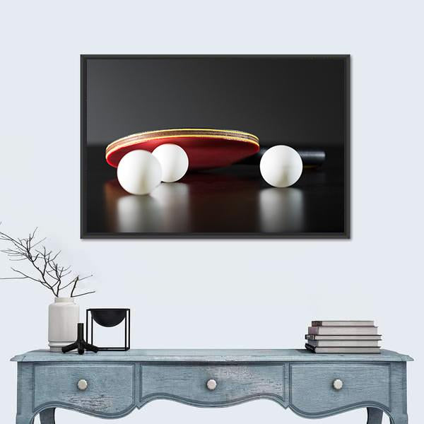 Table Tennis Racket and Balls Canvas Wall Art in black, white and red, 5 panel Star layout hung on a wall