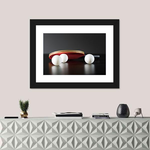 Table Tennis Racket and Balls Canvas Wall Art in black, white and red, 5 panel Star layout hung on a wall