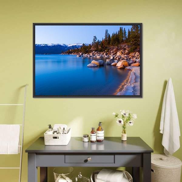 Tahoe Lake After Sunset Canvas Wall Art-1 Piece-Floating Frame-24" x 16"-Tiaracle
