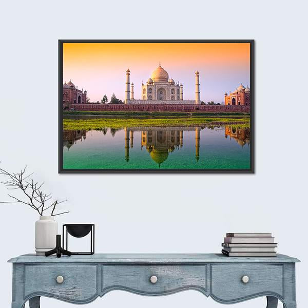 Taj Mahal With Tricolor Canvas Wall Art-1 Piece-Floating Frame-36" x 24"-Tiaracle