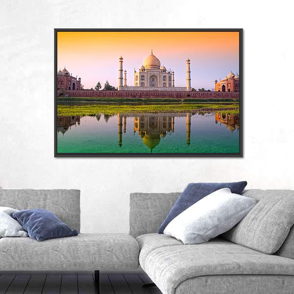 Taj Mahal With Tricolor Canvas Wall Art-5 Horizontal-Gallery Wrap-22" x 12"-Tiaracle