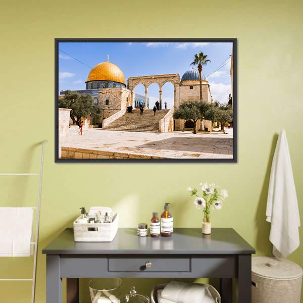Dome of the Rock on Temple Mount Canvas Wall Art in beige, gold and blue, framed canvas, product view on a white background