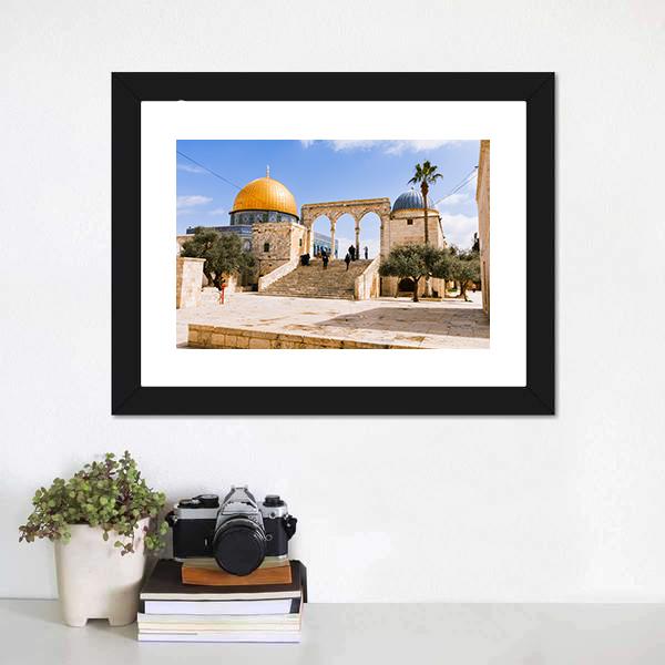 Dome of the Rock on Temple Mount Canvas Wall Art in beige, gold and blue, hung on a wall