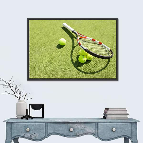 Tennis Racket And Balls Canvas Wall Art-1 Piece-Floating Frame-36" x 24"-Tiaracle
